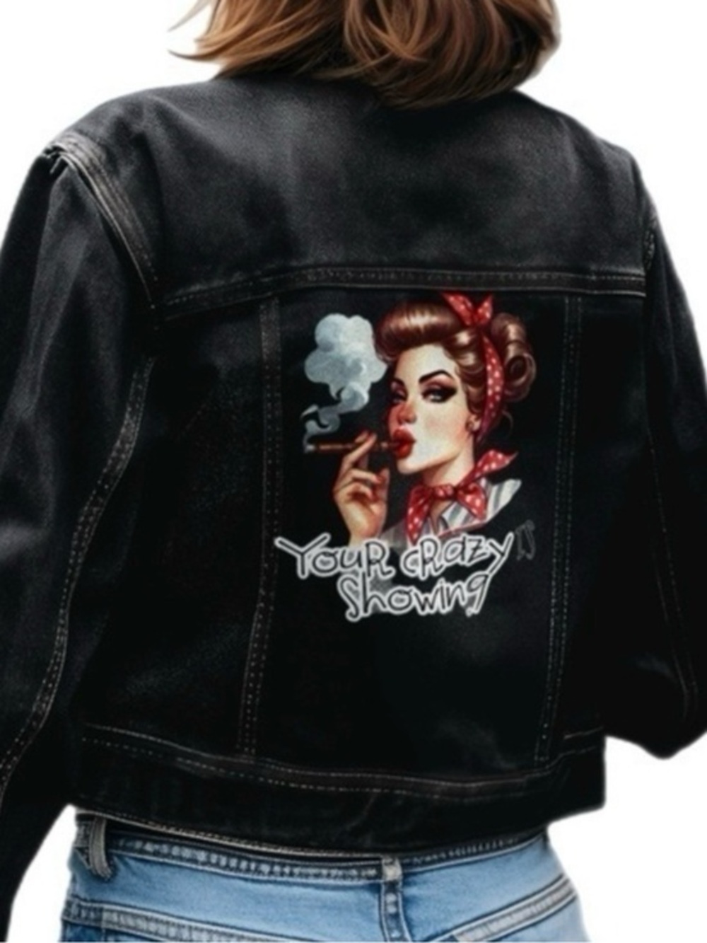 The Blind Medium | Black Denim Jacket Graphic Crazy Showing Pinup Print